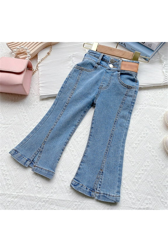 Kids Jeans Flare Leggings for Girls with Pockets High Waist Denim Pants for Toddler Girls 3-4 Years