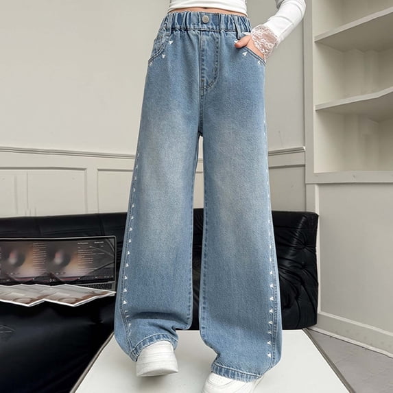 Kids Jeans for Girl Girls Baggy Jeans Relaxed Fit Wide Leg Denim Jeans with Pockets Girls Straight Leg Jeans Kids Clothes Girls Size 8-9 Years