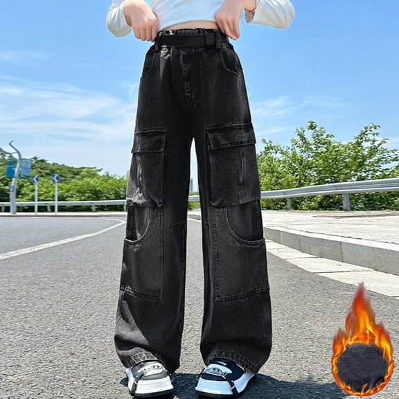 Kids Jeans Girls Black Lined Jeans Girls Straight Leg Wide Leg Jeans High Waist Cute Baggy Jeans with Pocket Pants Girls 4-5 Years