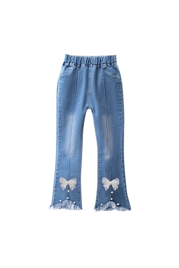 Kids Jeans Girls Embroidered Flare Leggings for Girls with Pockets High Waisted Girls Wide Leg Pants Clothes for Girls 10-12 Y