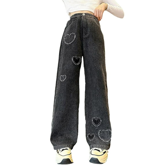 Kids Jeans Girls Embroidered Jeans Flared Jeans with Pockets High Waisted Jeans Wide Leg Jeans for Girls 8-9 Y