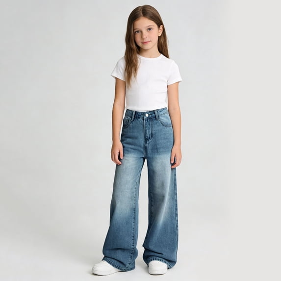 Kids Jeans Girls Jeans Baggy High Waisted Wide Leg Denim Pants with Pockets Girls Straight Leg Jeans Kids Clothes Girls Size 4-5 Years