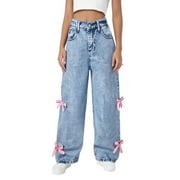 GUITIANNN Kids Jeans with Bows Casual Kids Baggy Jeans Girls Straight Leg Jeans with Pockets High Waisted Jeans Wide Leg for Teens 12-14 Years