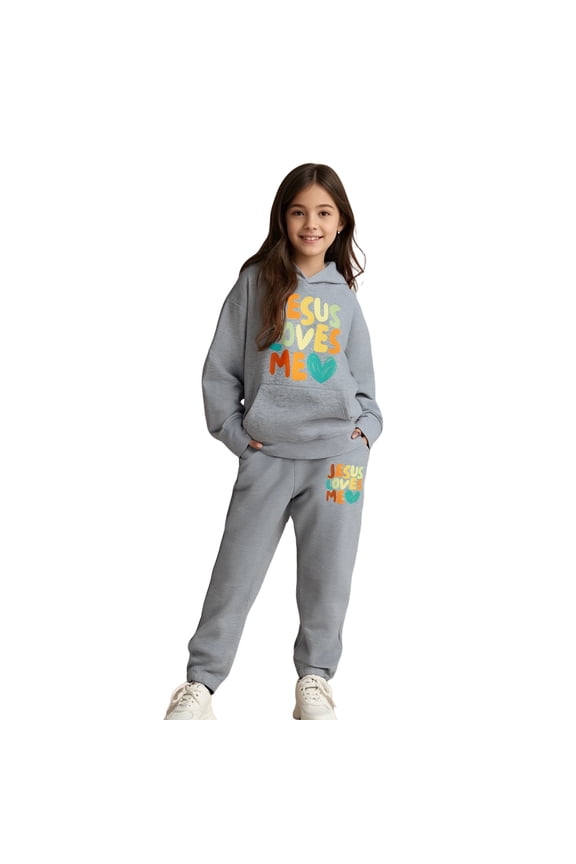 Kids Jesus Loves You Hoodies Graphic Hoodies for Juniors Long Sleeves Comfy Oversize Pullover and Jogger Sweatpants 2 Piece Fall Winter Clothes Girl Hoodies 4-5 Years Kids Clothing