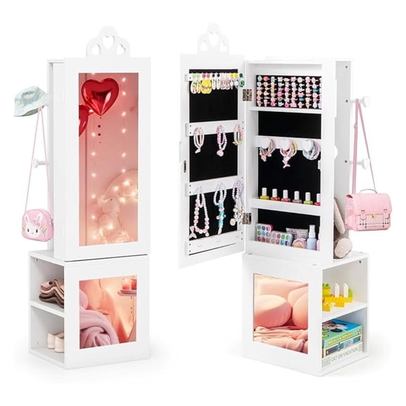 Kids Jewelry Cabinet, 47" Full Length Mirror, Coat Rack, White Jewelry Organizer for Girls
