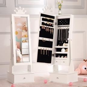 Kids Jewelry Cabinet with Full-Length Mirror, Freestand Mirror with Storage Drawers, Kids Vanity Dress Up Mirror with Jewelry Organizer, 46" Jewelry Armoire for Kids Bithday, Girls Xmas Gifts