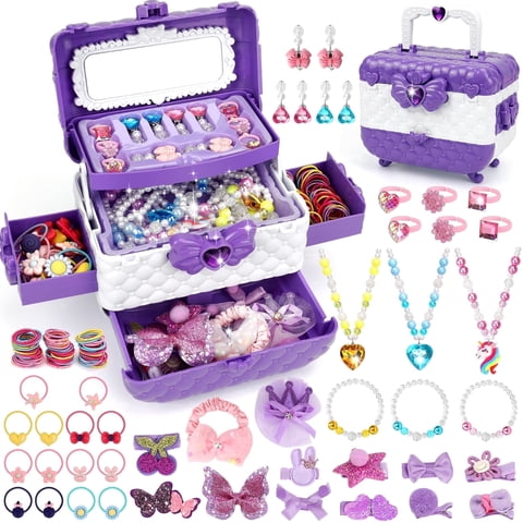 Aureyung 47 PCS Kids Jewelry with Storage Box, Toddler Little Girls Play Jewelry Set, Party Favors Princess Dress up Toys Gifts for Girl Ages 3-12