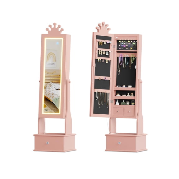 Kids Jewelry Organizer Cabinet with Full-Length Lighted Mirror, 46" Standing Jewelry Armoire with Drawers and Princess Crown Design,Light Pink