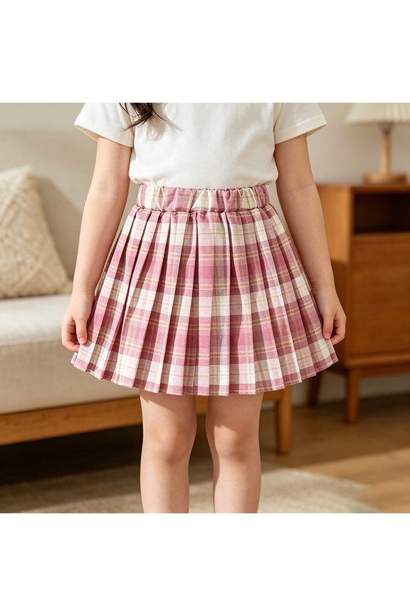 Kids Jk School Uniform Plaid Pleated Skort Girls Elastic High Waist Pastel Woven Bottoms for Stage Performance Beach Backyard Wear Red 120