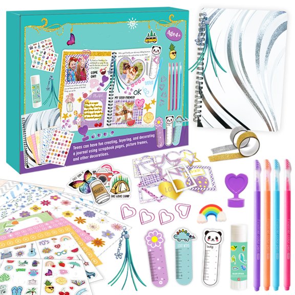 Kids Journal Scrapbook Set With Stickers, Bookmark, Stamps & Coloring Pens - 70-Page Diary For Creative Scrapbooking, Bullet Journaling, Art Crafts - Ideal For Kids & Teens'