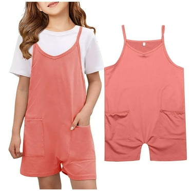 Kids Jumpsuit For Girls Spaghetti Strap Overalls with Side Pockets V Neck Shorts Romper Girls Fashion 7-8Y