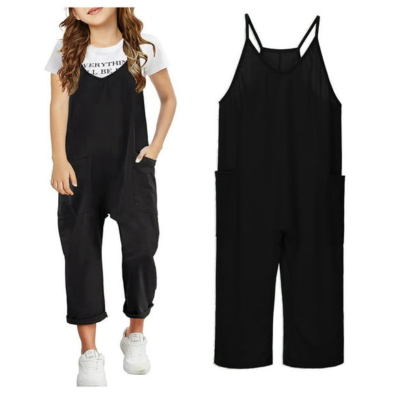Kids Jumpsuit For Girls Spaghetti Strap Overalls with Side Pockets Wide Leg Harem Pants Jumpsuits Rompers For Girls 8-10