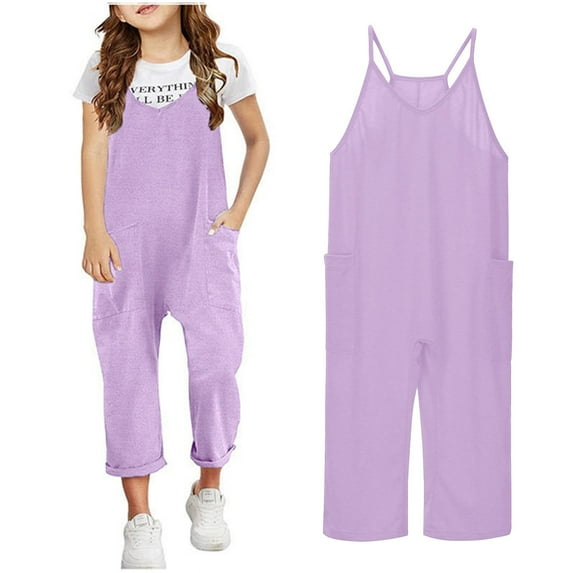 Kids Girls Summer Jumpsuits Spaghetti Strap Overalls with Side Pockets V Neck Harem Pants Cute Outfits For Girls 10-12