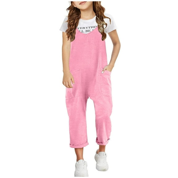 Kids Jumpsuit Sleeveless Casual Plain Color Overalls Spaghetti Strap Loose Overalls Romper Long Pants with Pockets Girls Outfit for Teen Girls 12-13 Years