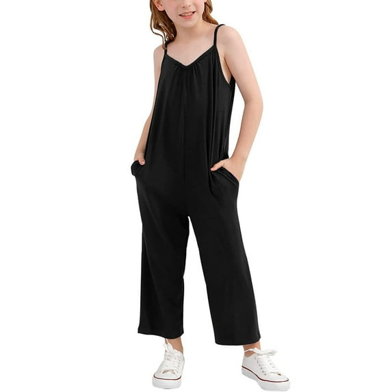 Kids Jumpsuit Sleeveless Casual Plain Color Overalls Spaghetti Strap Loose Overalls Rompers Long Pants with Pockets Tween Jumpsuit for Kids 6-7 Years
