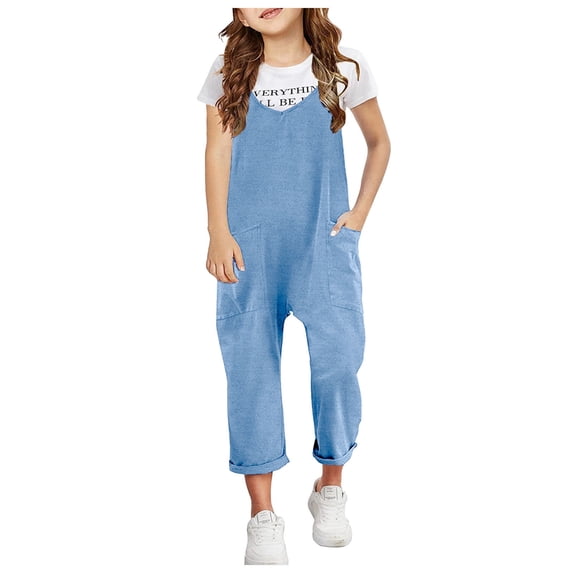 Kids Jumpsuit Sleeveless Casual Plain Color Overalls Strap Loose Overalls Romper Long Pants with Pockets Tween Girl Clothing for Kids Girls 6-7 Years
