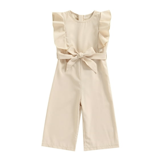 Kids Jumpsuit, Solid Color Round Neck Sleeveless Flounced Romper with Waist Belt for Summer, 1-6 Years