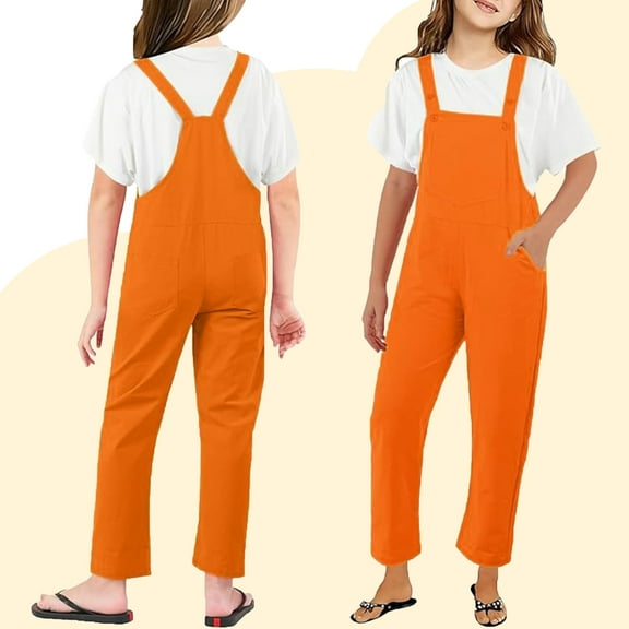 Kids Jumpsuits for Girls Girls Overalls Kids Casual Sleeveless Girls Loose Rompers with Pockets Orange Jumpsuits Girl Clothes Size 7-8 Years