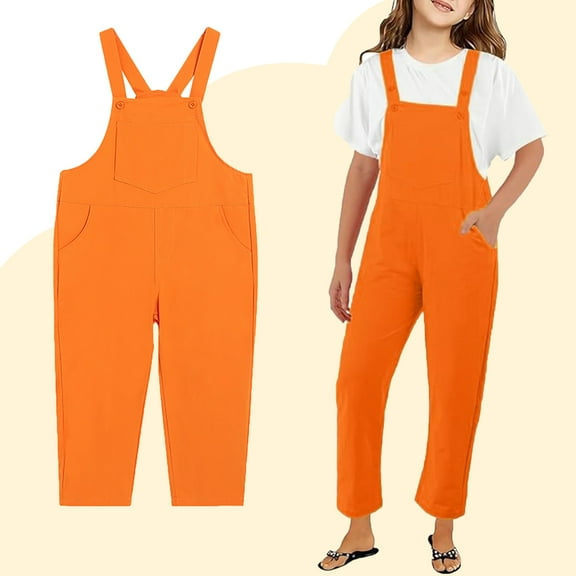 Kids Jumpsuits for Girls Kids Casual Sleeveless Overalls Girls Loose Rompers with Pockets Orange Jumpsuit Back to School Outfits 7-8 Years