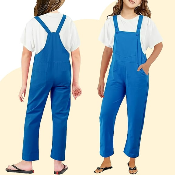 Kids Jumpsuits for Girls Kids Casual Sleeveless Romper Girls 1 Piece Rompers with Pockets Blue Jumpsuit Girls Summer Clothes Size 6-7 Years