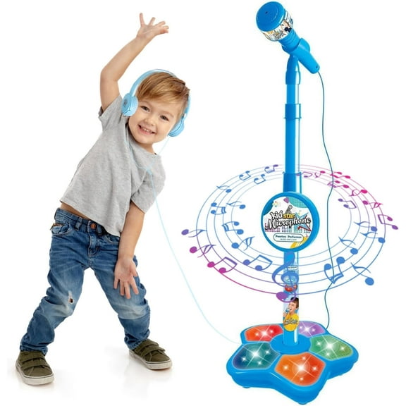 Karaoke Machine with Adjustable Microphone Stand Standing Mic for Portable Singing Retractable Headset for Music & Sing-Along Flashing Stage Light Base(Blue)