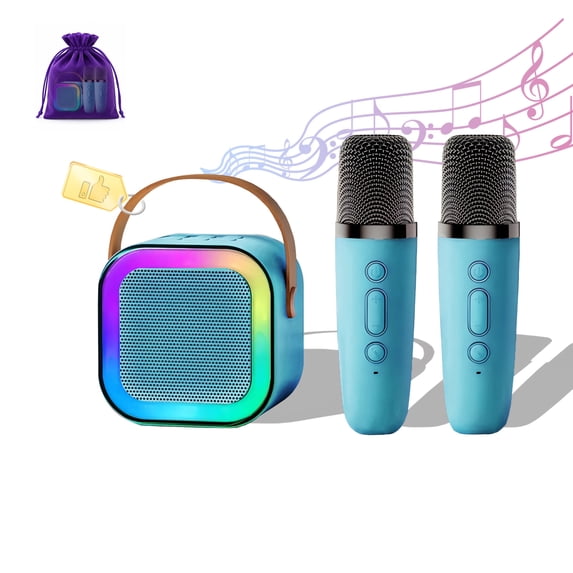 Mini Karaoke Machine for Kids, Bluetooth Speaker with 2 Wireless Mics (Blue)