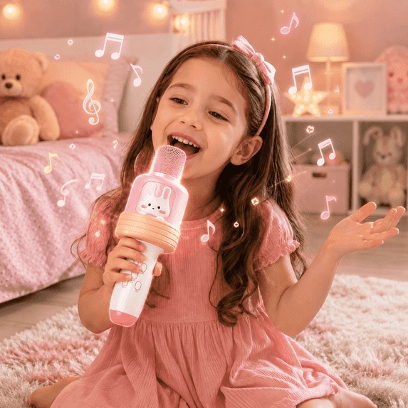 PYROEPLEEA Kids Karaoke Microphone with Bluetooth Speaker, LED Lights & Voice Changer, Portable Singing Toy for Ages 3-12, Pink