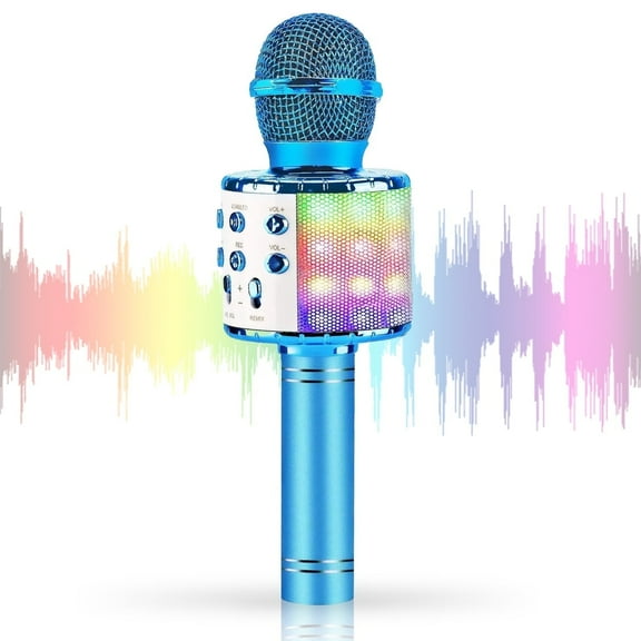Kids Karaoke Microphone Toy, Singing Karaoke Mic Speaker with LED Lights, for Birthday Party, Home KTV (Blue)