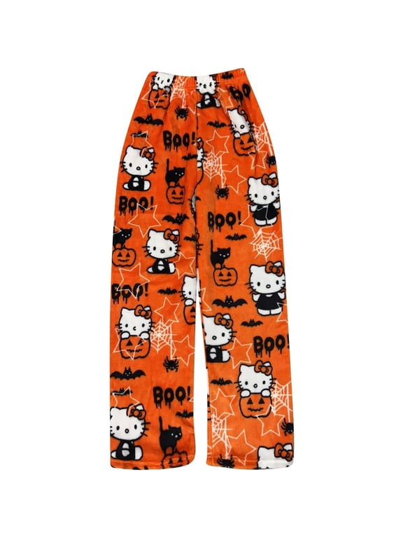 Kids Kawaii Pajamas Pants Halloween Cat Printed Pajamas Flannel Sleep PJ Pants Cartoon Anime Long Bottoms