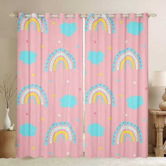Kawaii Rainbow Cozy 30%-50% Blackout Curtains With Playful Clouds Boho Stars Print, Cartoon Style Rainbow Design Curtains & Drapes Room D茅cor, 52''Wx63''L, Pink