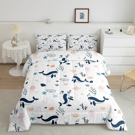 Kawaii Whale Queen Comforter Set , Cartoon Sea Animals Bedding Set 3-Pieces, Ocean Theme Starfish Whale Crab Printed Down Alterwith 2 Pillowcases, for All Season