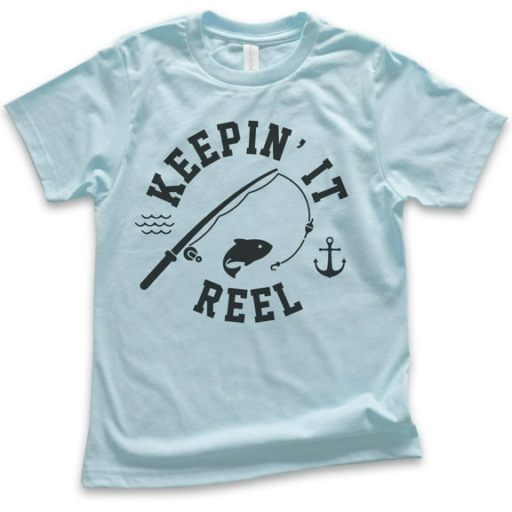 Kids Keepin' It Reel Shirt, Youth Kids Boy Girl T-Shirt, Fishing Shirt, Fish Pun Shirt, Light Blue, X-Large