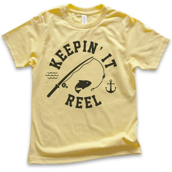 Kids Keepin' It Reel Shirt, Youth Kids Boy Girl T-Shirt, Fishing Shirt, Fish Pun Shirt, Yellow, Medium