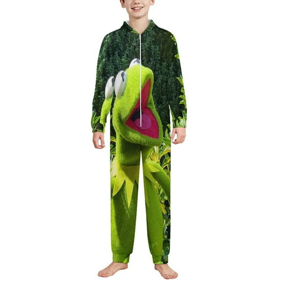 Kids Ker-mit The Fro Onesie Pajamas Zip Up One Piece Hooded Sleepwear Fleece Jumpsuits for Boys Girls