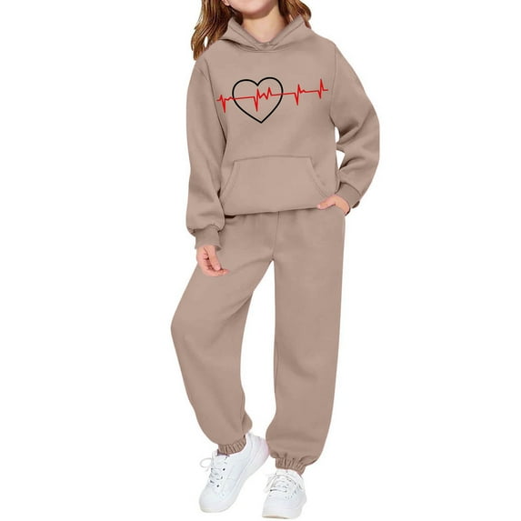 Kids Khaki Tracksuit 2-Piece Set, Unisex Hoodie and Joggers with Heart Graphic, Comfy Sweatsuit for Boys Girls Play & Lounge Wear Ages 4-12 Years,Size 7-8T