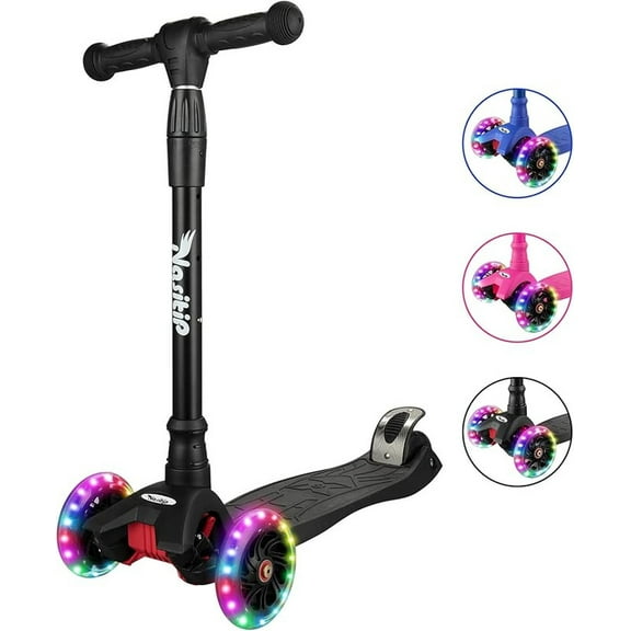 Kids Kick Scooter, LED Lighted Wheels and 3 Adjustable Height Handlebars, Lean-to-Steer & Widen Anti-Slip Deck, 3 Wheel Scooter for Boys & Girls Ages 6-12 and up to 110 Lbs