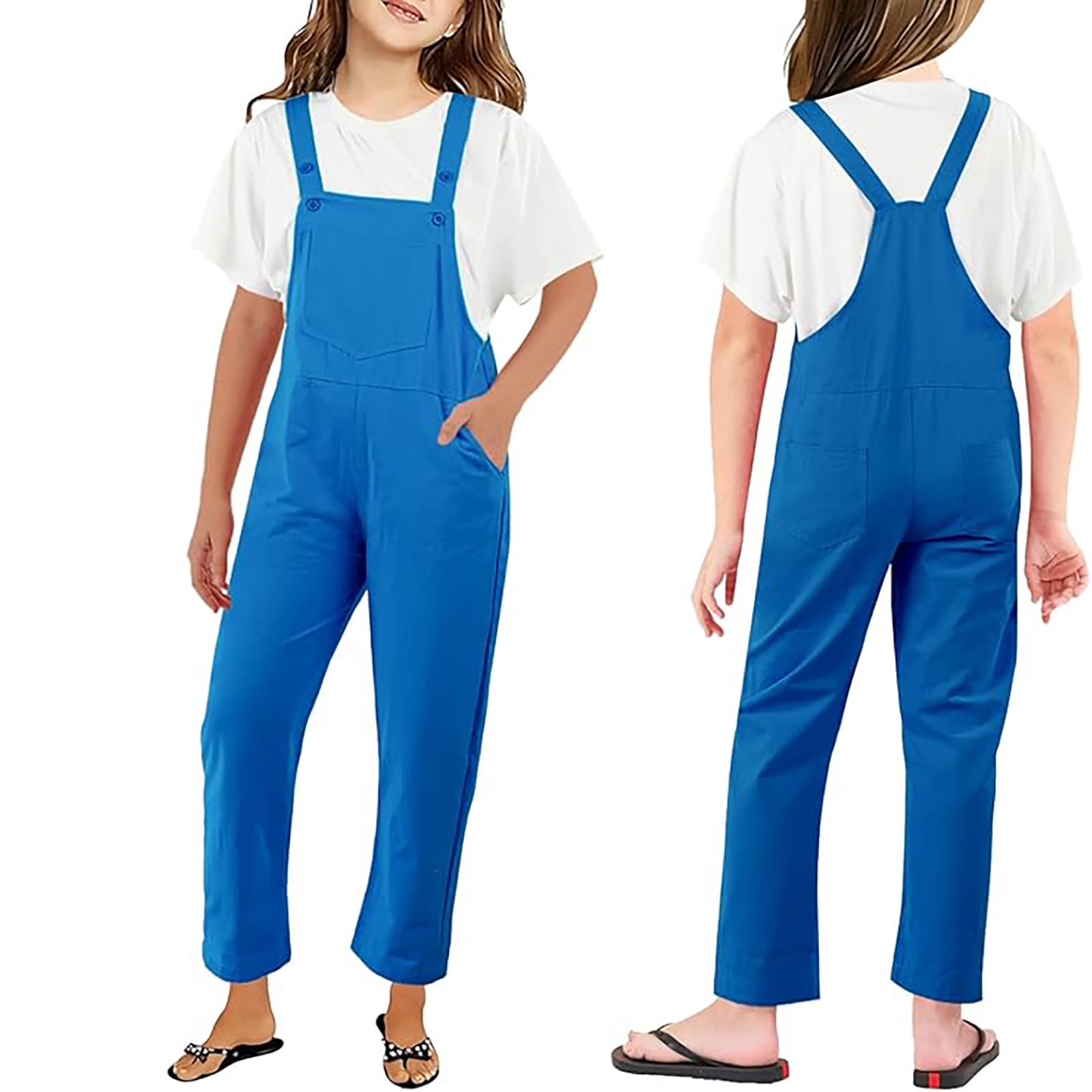 Kids Kids Casual Loose Romper Blue Jumpsuit Adjustable Strap Jumpsuits with Pockets Girls Outfits Size 7-8 Years