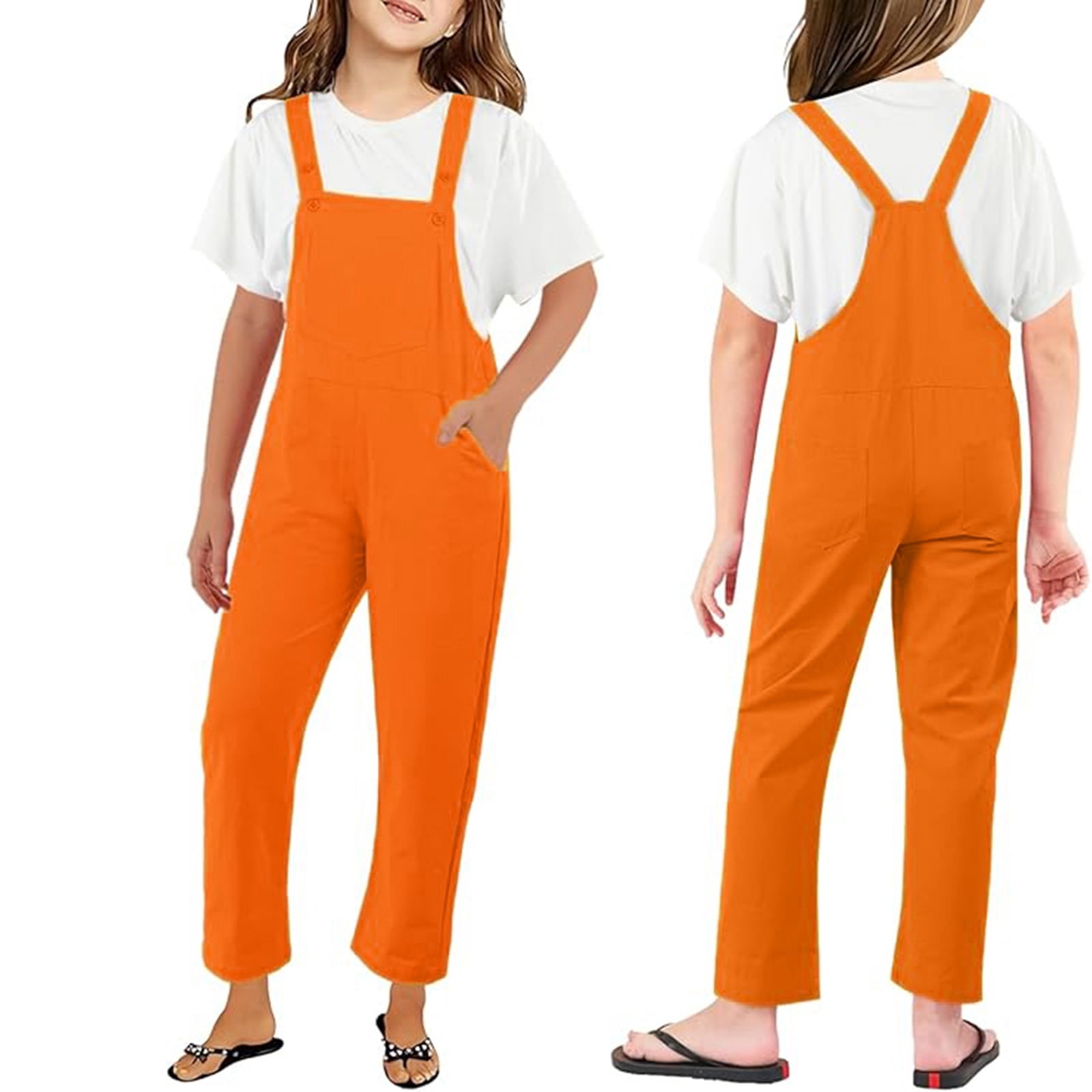 Kids Jumpsuits for Girls Orange Pants for Girls Spaghetti Strap Womens Jumpsuits Casual Girls Summer Outfits 6-7 Years