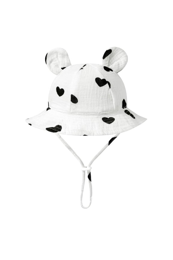Kids Kids Girl Boy Bear Ear Sun Hat Polyester with Adjustable Chin Strap White with Black Hearts 0-12 Months,Size 0-12Month