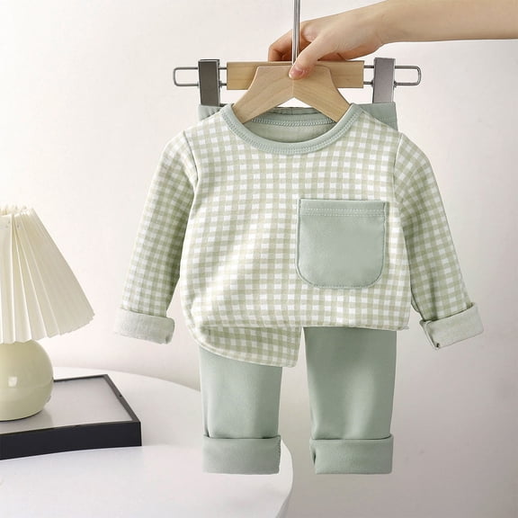 Kids Kids Girl Green 2pc Outfit Set - 100% Cotton Gingham Top & Solid Pants, Soft Breathable Easy-On Daily Wear for 0-6 Years (80-150cm),Size 3-4T