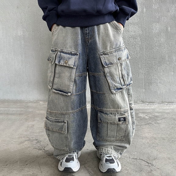 Kids Kids Jeans with Pockets Blue Boys Tapered Jeans Stretch Waist Loose Fit Pants Casual Denim Playwear Jeans 5-6 Years