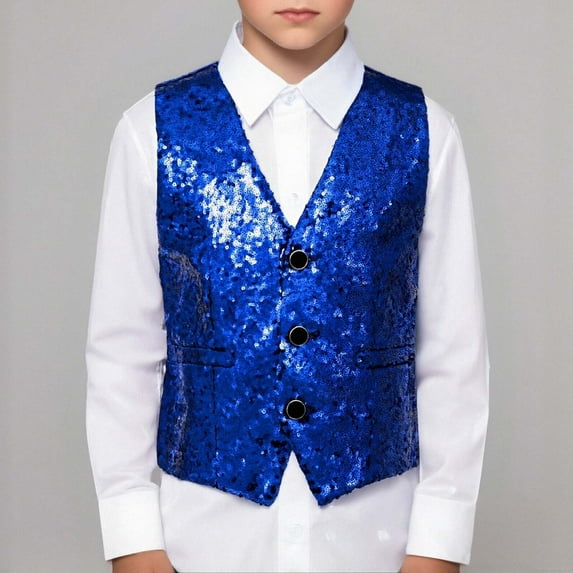 Kids Boys Girls Sequin Vest Sparkly Vest Sleeveless V Neckline Blue Vest -Hop Dance Shirts Disco Dance Performance Undershirt 7-8 Years