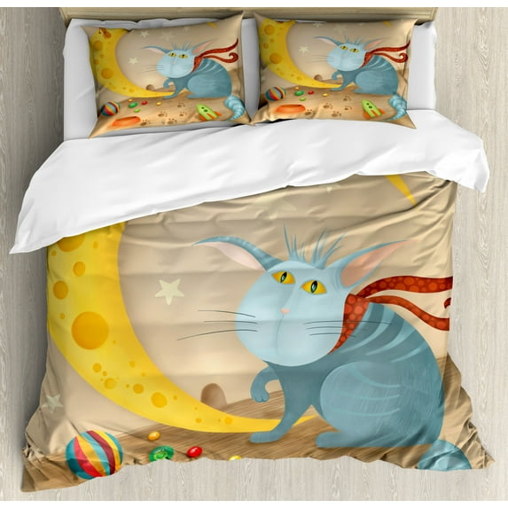 Kids King Size Duvet Cover Set, Cat and Mouse on Crescent Moon Shaped Cheese Cute Paws Toys Kids Children Cartoon, Decorative 3 Piece Bedding Set with 2 Pillow Shams, Multicolor, by Ambesonne