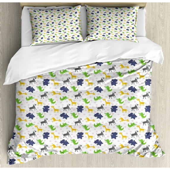 Kids King Size Duvet Cover Set, Hand Drawn Pattern Cheerful Hippos Crocodiles Giraffes and Zebras with Pinkish Daisies, Decorative 3 Piece Bedding Set with 2 Pillow Shams, Multicolor, by Ambesonne