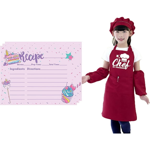 Kids Kitchen Apron Set with Unicorn Rainbow Recipe Cards Set, Kids Aprons for Girls and Boys