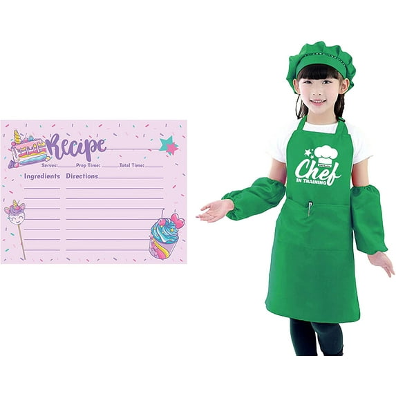 Kids Kitchen Apron Set with Unicorn Rainbow Recipe Cards Set, Kids Aprons for Girls and Boys