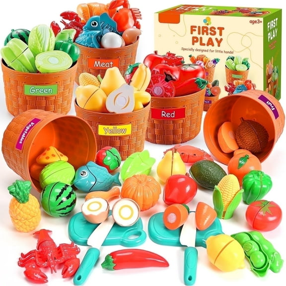 IYHN Play Food Set for Toddlers, Learning Toys 86pcs Cutting Food for Preschool Activities, Pretend Play Kitchen Accessories for Kids, Color Sorting Set for Boys & Girls, Daycare Educational Toy