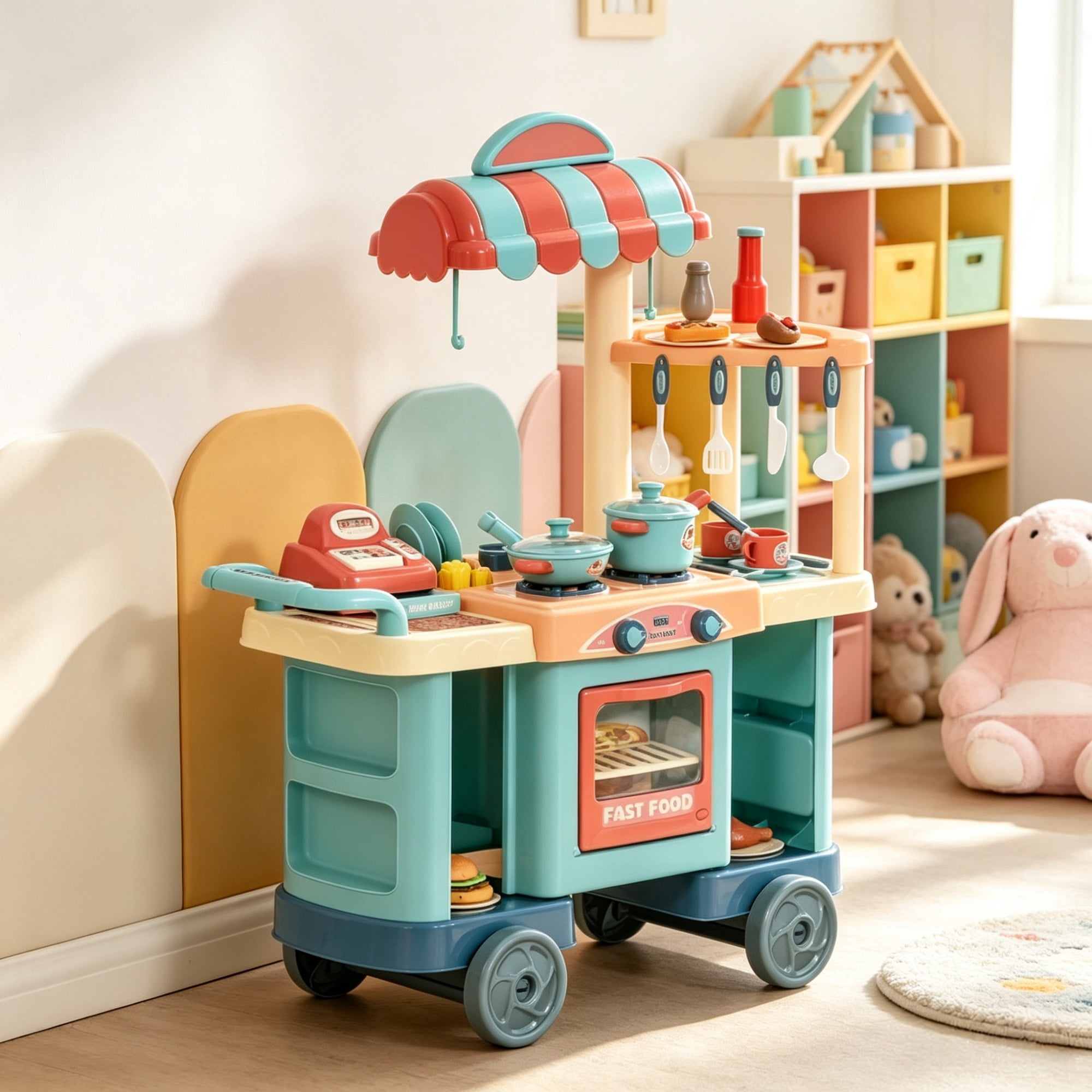 Kids Kitchen Food Stand with Play Food, Cashier Register, for 3-6Y Kids Grocery Store Pretend Play & Social Skill Training