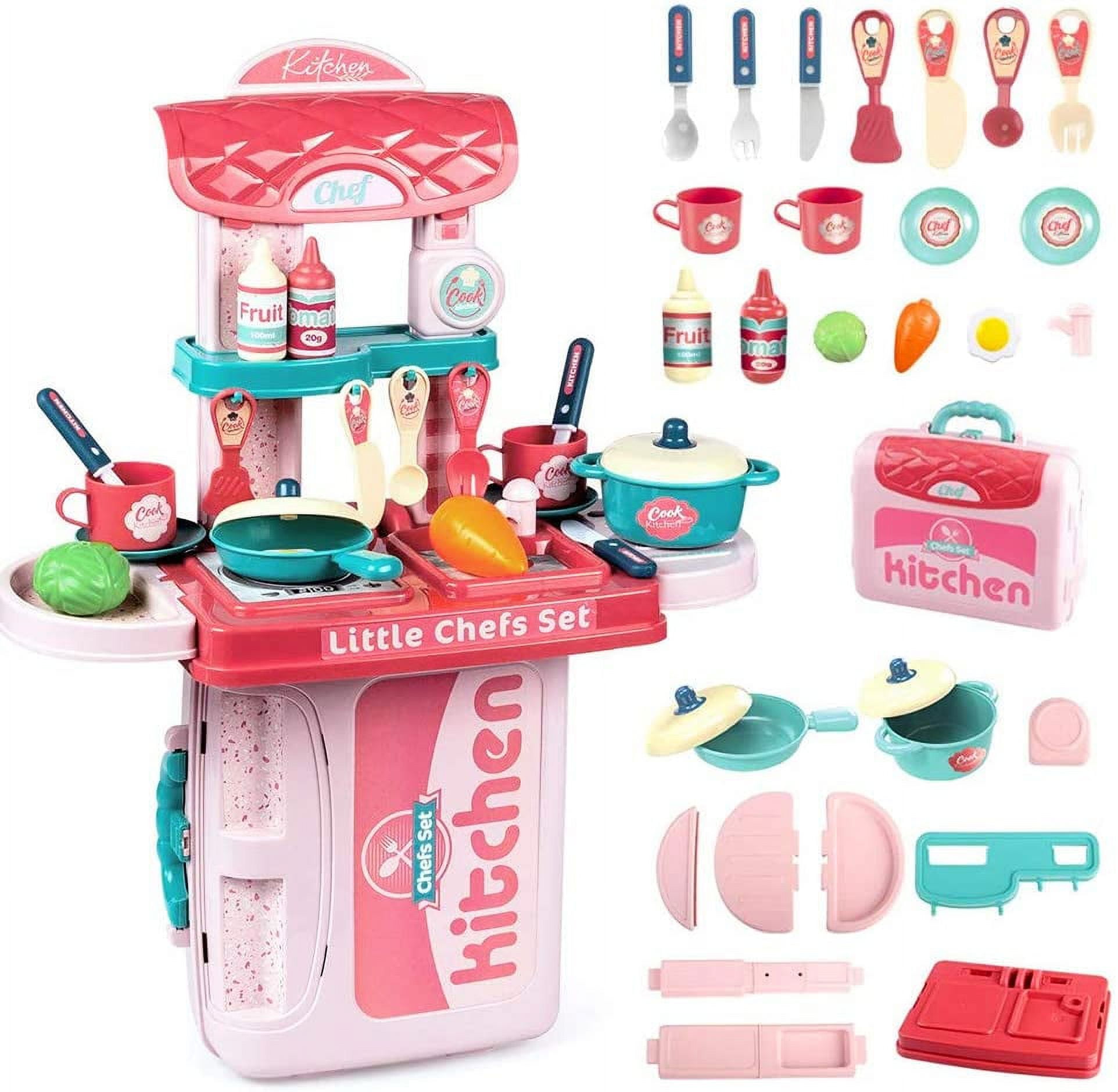 Kids Kitchen Playset,Cyun Pink Kitchen with Suitcase, Play Kitchen Set ...