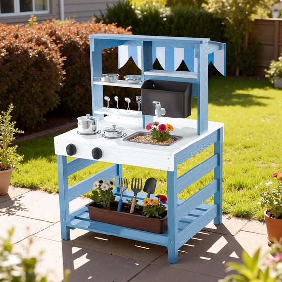 Brinjoy Kids Kitchen Outdoor Playset, Double-Sided Wooden Kitchen w/Realistic Faucet, Removable Sink, Cooking Toys, Menu, Pretend Mud Kitchen, Backyard Mud Table, Gift for Boys Girls Toddlers